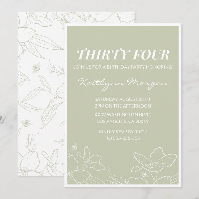Elegant Green Floral 34th birthday invitations   (Front/Back)