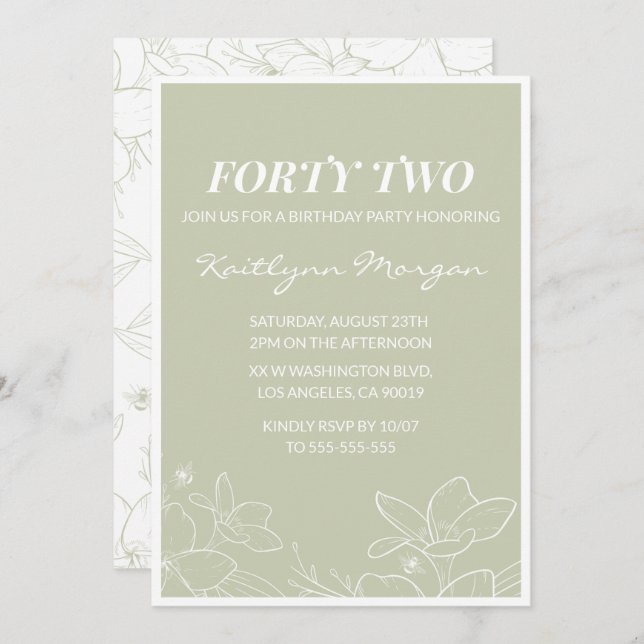 Elegant Green Floral 42nd birthday invitations   (Front/Back)