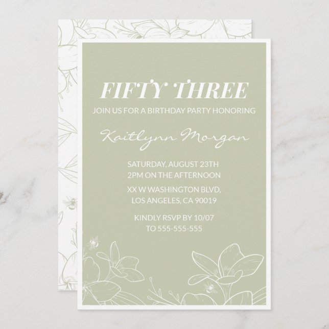 Elegant Green Floral 53rd birthday invitations   (Front/Back)