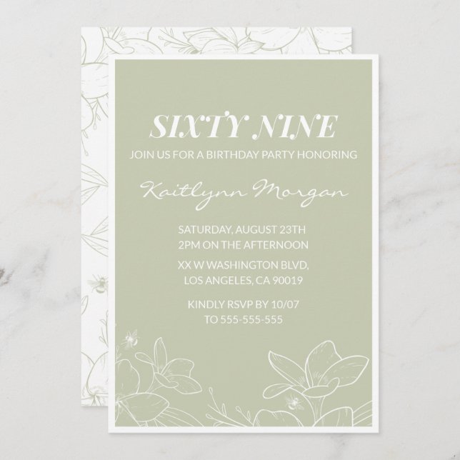 Elegant Green Floral 69th birthday invitations   (Front/Back)