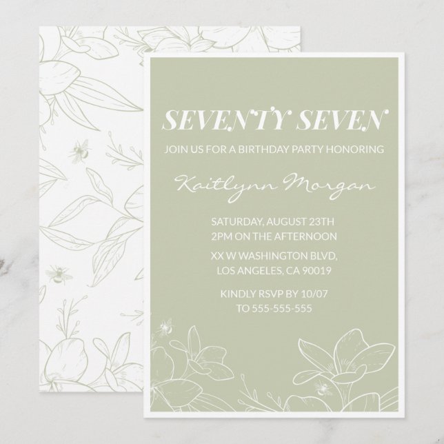 Elegant Green Floral 77th birthday invitations   (Front/Back)
