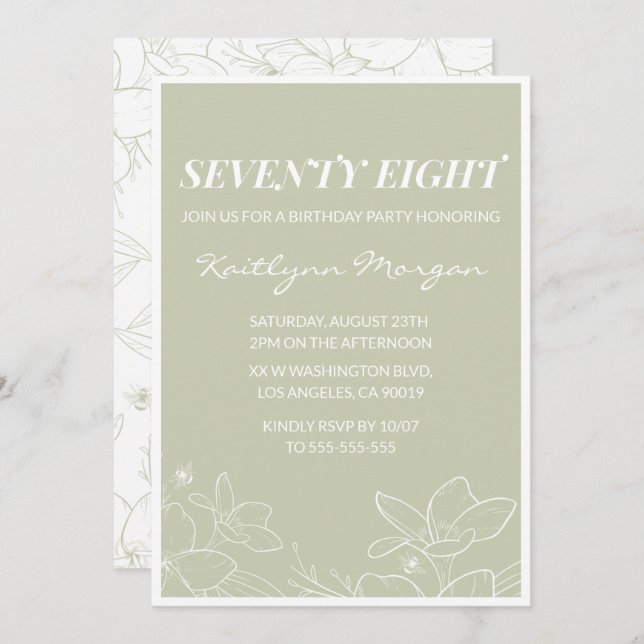 Elegant Green Floral 78th birthday invitations   (Front/Back)