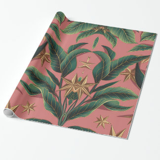 Elegant Green Floral and Festive Gold Star Motif  Wrapping Paper