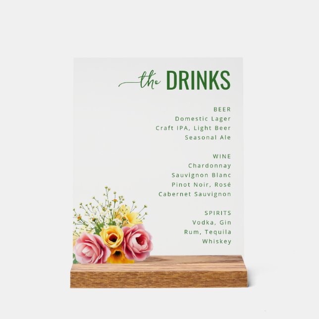 Elegant Green Floral Beverage Menu Acrylic Sign (Front)