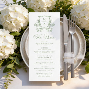 Elegant Green Floral Crest Monogram Wedding Menu