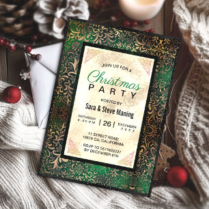 Elegant green floral faux gold Christmas  Invitation