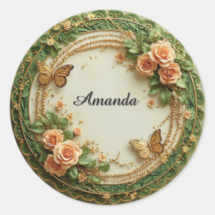 Elegant Green Floral Frame With Pink Roses Classic Round Sticker