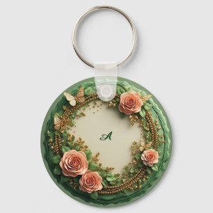 Elegant Green Floral Frame With Pink Roses Key Ring