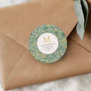Elegant Green Floral Gold Monogram Return Address Classic Round Sticker