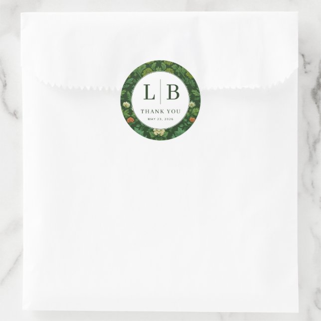 Elegant Green Floral Initials Classic Round Sticker (Bag)