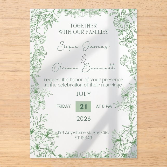 Elegant Green Floral Line Art Wedding Invitation  (Front)