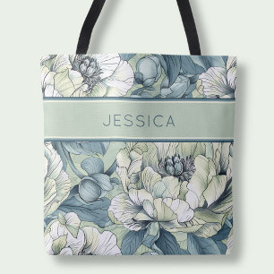 Elegant Green Floral Name Botanical Sage Flowers Tote Bag