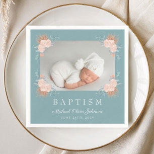 Elegant Green Floral Photo Baptism Napkin