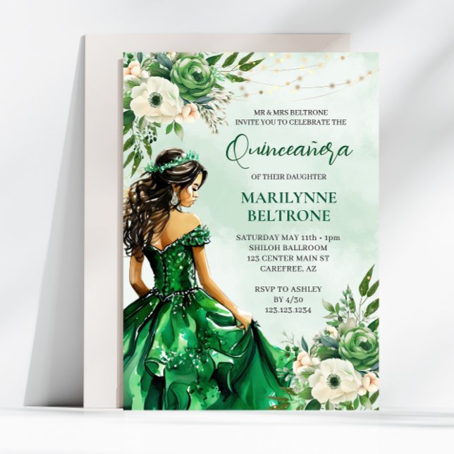 Elegant Green Floral Princess Quinceañera Invitation (Creator Uploaded)