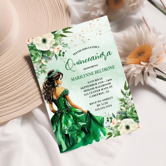 Elegant Green Floral Princess Quinceañera Invitation (Creator Uploaded)