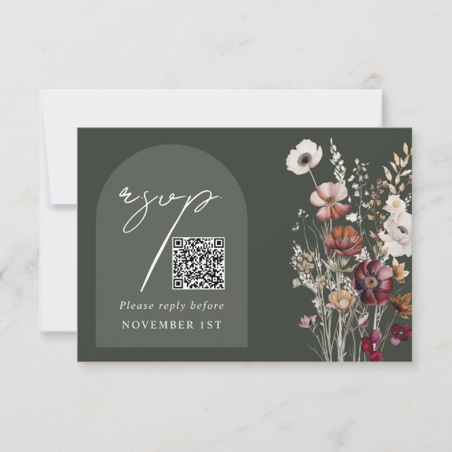 Elegant Green Floral QR Code Arch Wedding RSVP Card (Front)