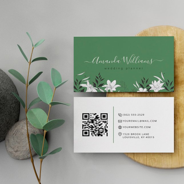 Elegant Green Floral QR Code Business Card (Creator Uploaded)