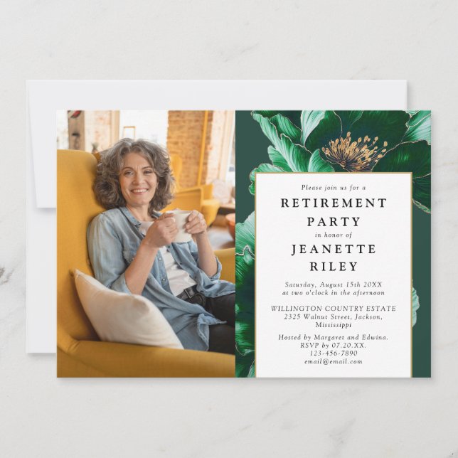 Elegant Green Floral Retirement Party Photo Invitation (Front)