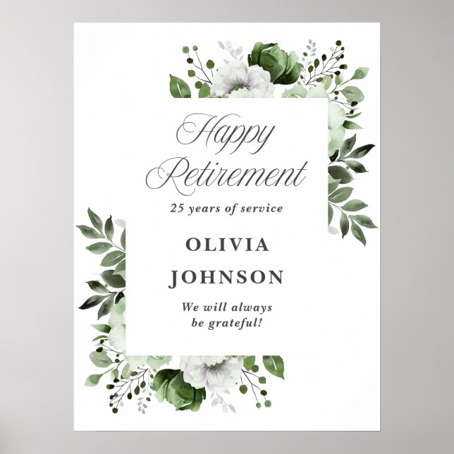 Elegant Green Floral Retirement Party Welcome Sign (Front)