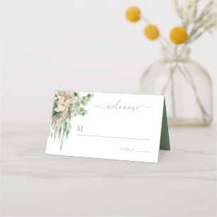 Elegant Green Floral Roses Wedding Place Card
