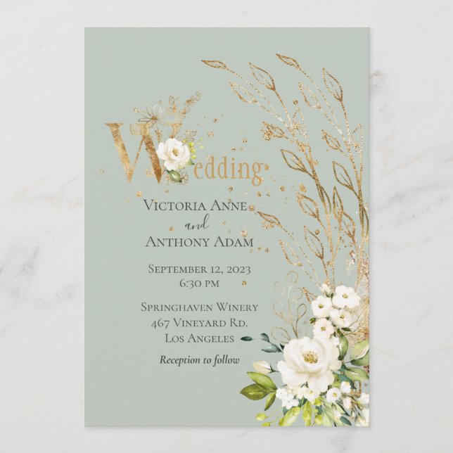 Elegant Green Floral Rustic Script Wedding Invitation (Front)