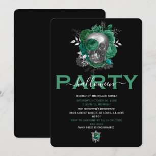 Elegant Green Floral Skull Adult Halloween Party Invitation