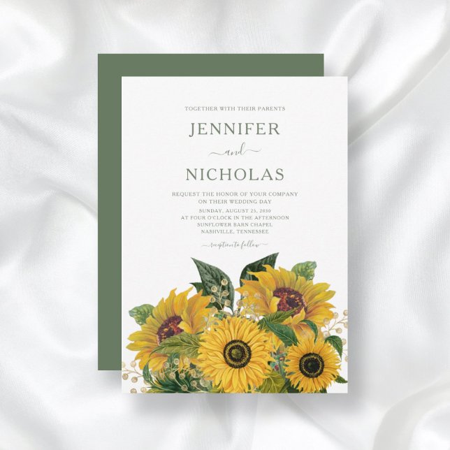 Elegant Green Floral Sunflowers Wedding Invitation (Creator Uploaded)