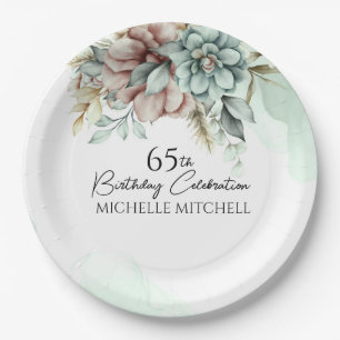 Elegant Green Floral Vintage 65th Birthday Paper Plate