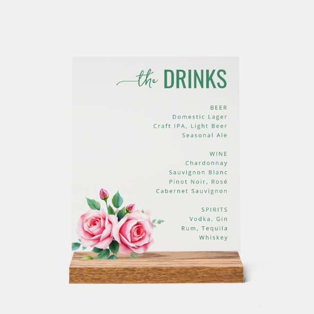 Elegant Green Floral Wedding Menu Acrylic Sign (Front)