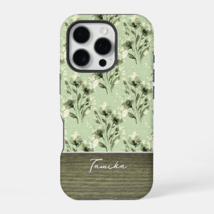 Elegant Green Floral Wood Grain Custom Name iPhone 16 Pro Case