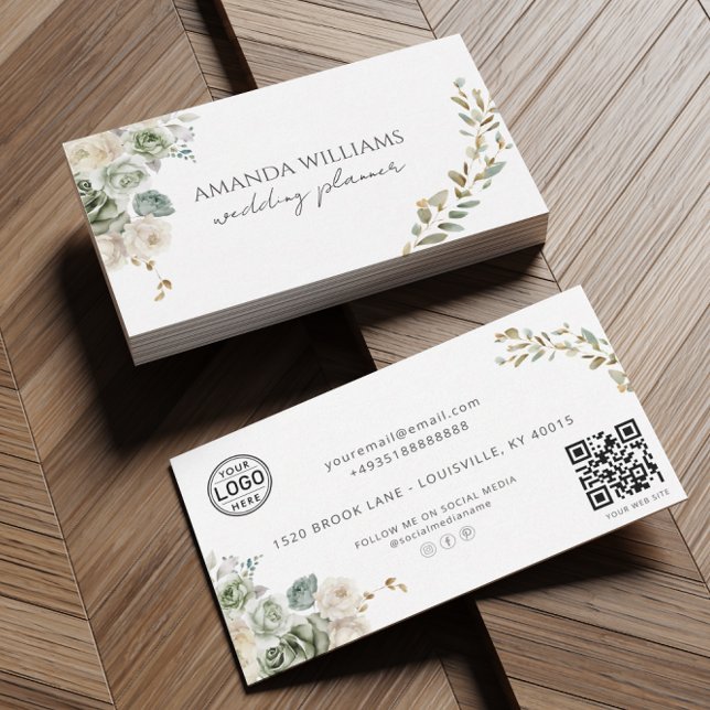 Elegant Green Flowers QR Code Social Business Card (Creator Uploaded)