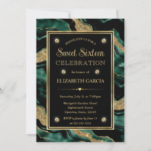 Elegant Green Foil and Gold Glitter Agate Sweet 16 Invitation