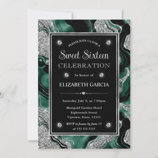 Elegant green Foil & Silver Glitter Agate Sweet 16 Invitation (Front)