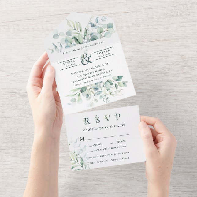 Elegant Green Foliage Ampersand Wedding All In One Invitation (Tearaway)