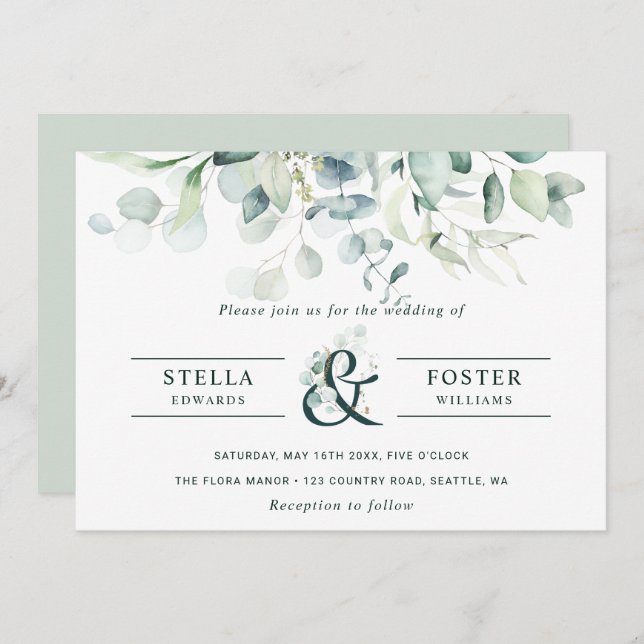 Elegant Green Foliage Ampersand Wedding Invitation (Front/Back)