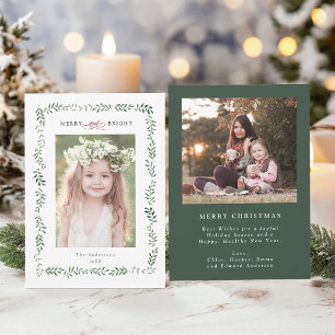 Elegant Green Foliage Frame Merry & Bright 2 Photo Holiday Card