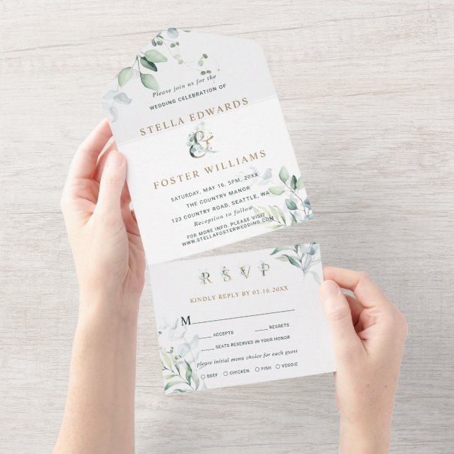 Elegant Green Foliage Gold Ampersand Wedding  All In One Invitation (Tearaway)