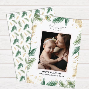 Elegant Green Foliage Gold Bough Watercolor Holiday Card