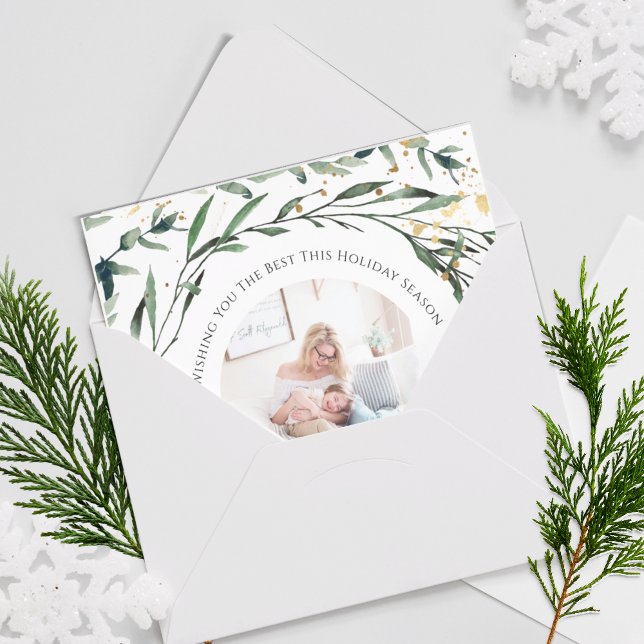 Elegant Green Foliage Gold Confetti Watercolor Holiday Card (Creator Uploaded)