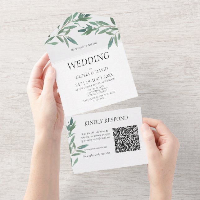 Elegant Green Foliage  QR Code   All In One Invitation (Tearaway)