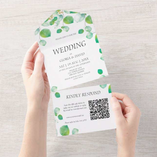 Elegant Green Foliage  QR Code    All In One Invitation (Tearaway)