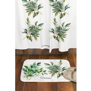 Elegant Green Foliage Watercolor, custom Bath Mat