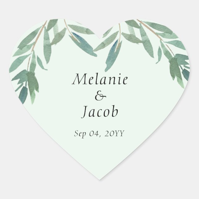 Elegant Green Foliage Wedding Heart Sticker (Front)