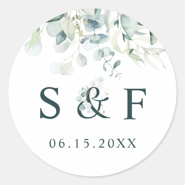 Elegant Green Foliage Wedding Monogram Classic Round Sticker (Front)