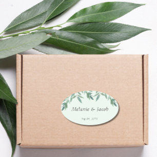 Elegant Green Foliage Wedding Oval Sticker