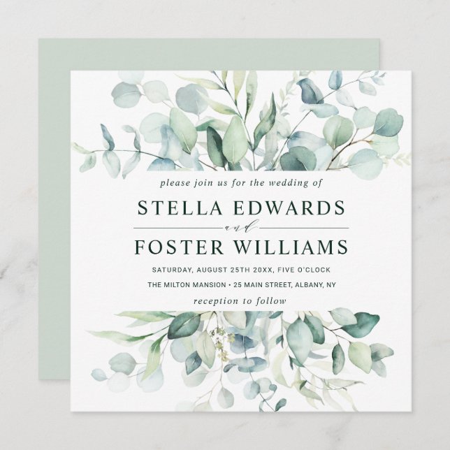 Elegant Green Foliage Wedding Square Invitation (Front/Back)