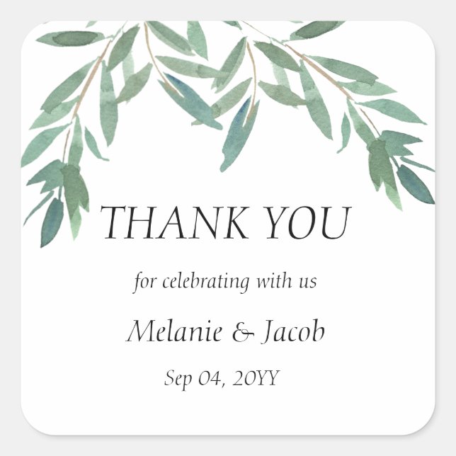 Elegant Green Foliage Wedding Square Sticker (Front)