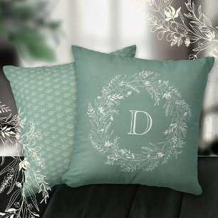 Elegant green foliage wreath letter D Cushion