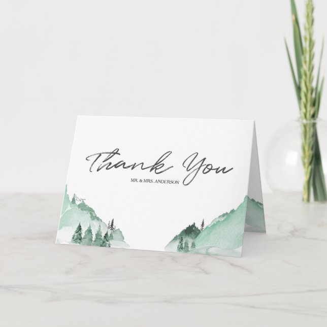 Elegant Green Forest Mountains Simple Thank You Card (Front)