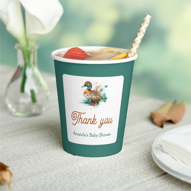 Elegant Green Framed Mallard Duck Baby Shower Paper Cups (Insitu)